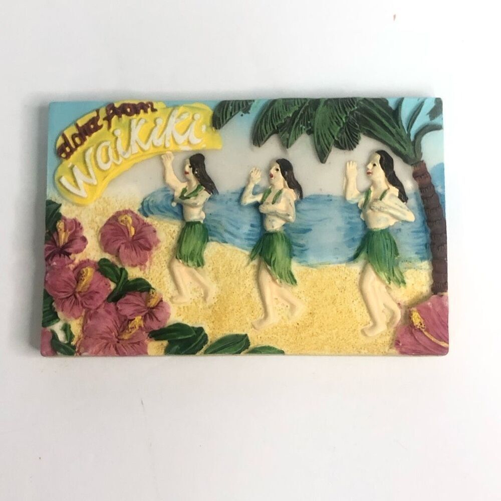 aloha from waikiki hawaii souvenir hula girls hibiscus beach‎ resort magnet